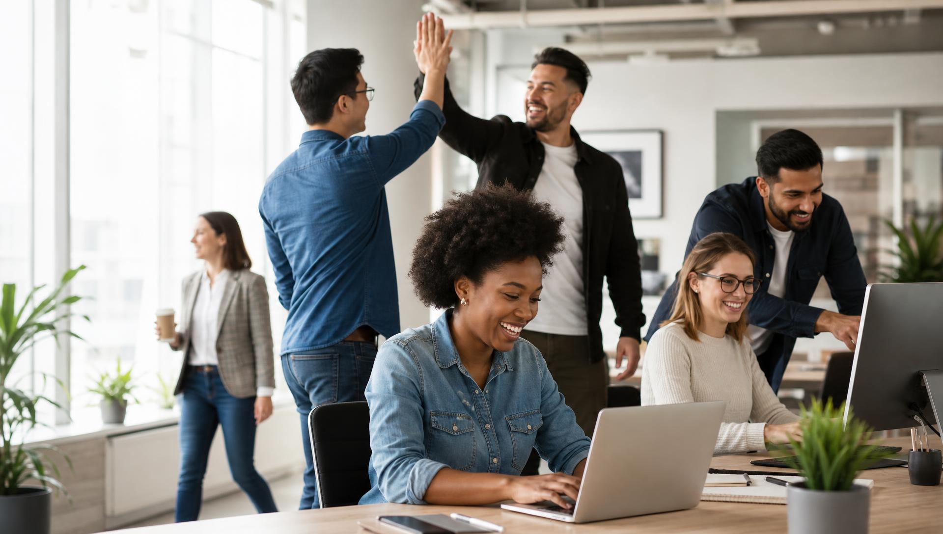 A diverse Office Hero support team laughing and high-fiving in a bright, sunlit office