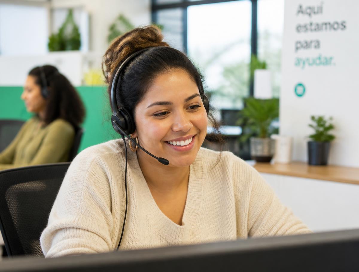 A smiling Office Hero support specialist wearing a headset while helping a client on a call